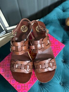 Tory Burch Brown Woven Leather Slingback Sandals